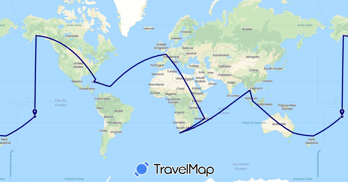 TravelMap itinerary: driving in Australia, Cuba, France, Indonesia, Madagascar, Netherlands, New Zealand, Singapore, Thailand, United States, South Africa (Africa, Asia, Europe, North America, Oceania)